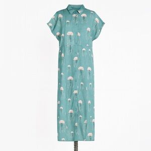 Pepaloves Women’s Vegan Jellyfish Button Front Shirt Dress Teal & Pink Size M